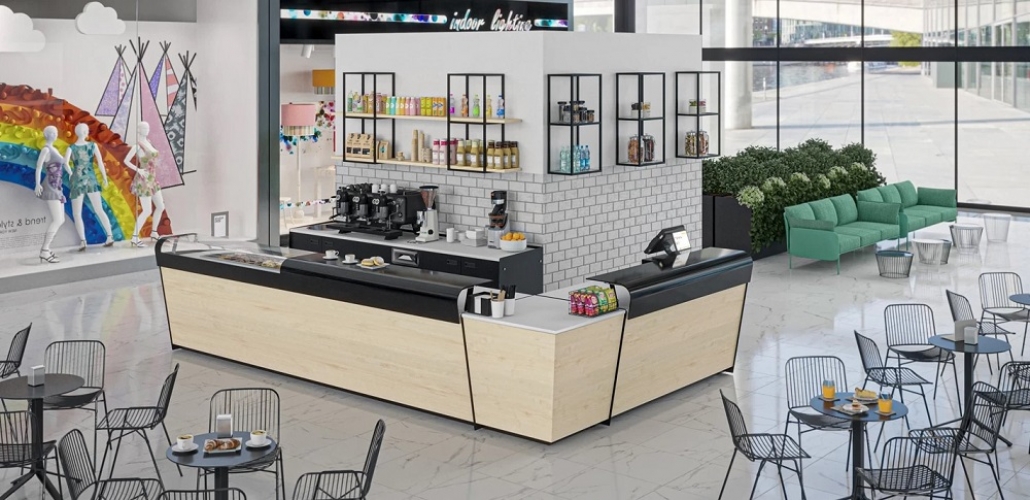 Like an island in the centre of a large communal space, the bar counter becomes the centrepiece with its corner layout, creating a dynamic and functional area.